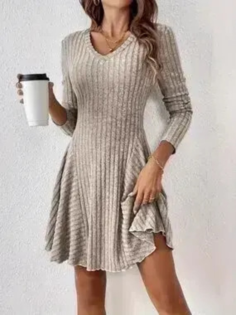 V-Neck Ribbed Knit Flared Knit Dress - Picture 1 of 9